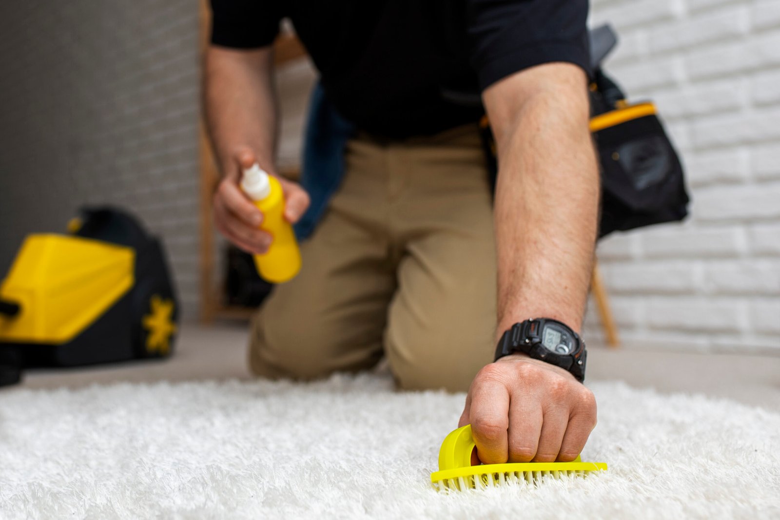 Person scrubbing white carpet with yellow brush and cleaning solution.