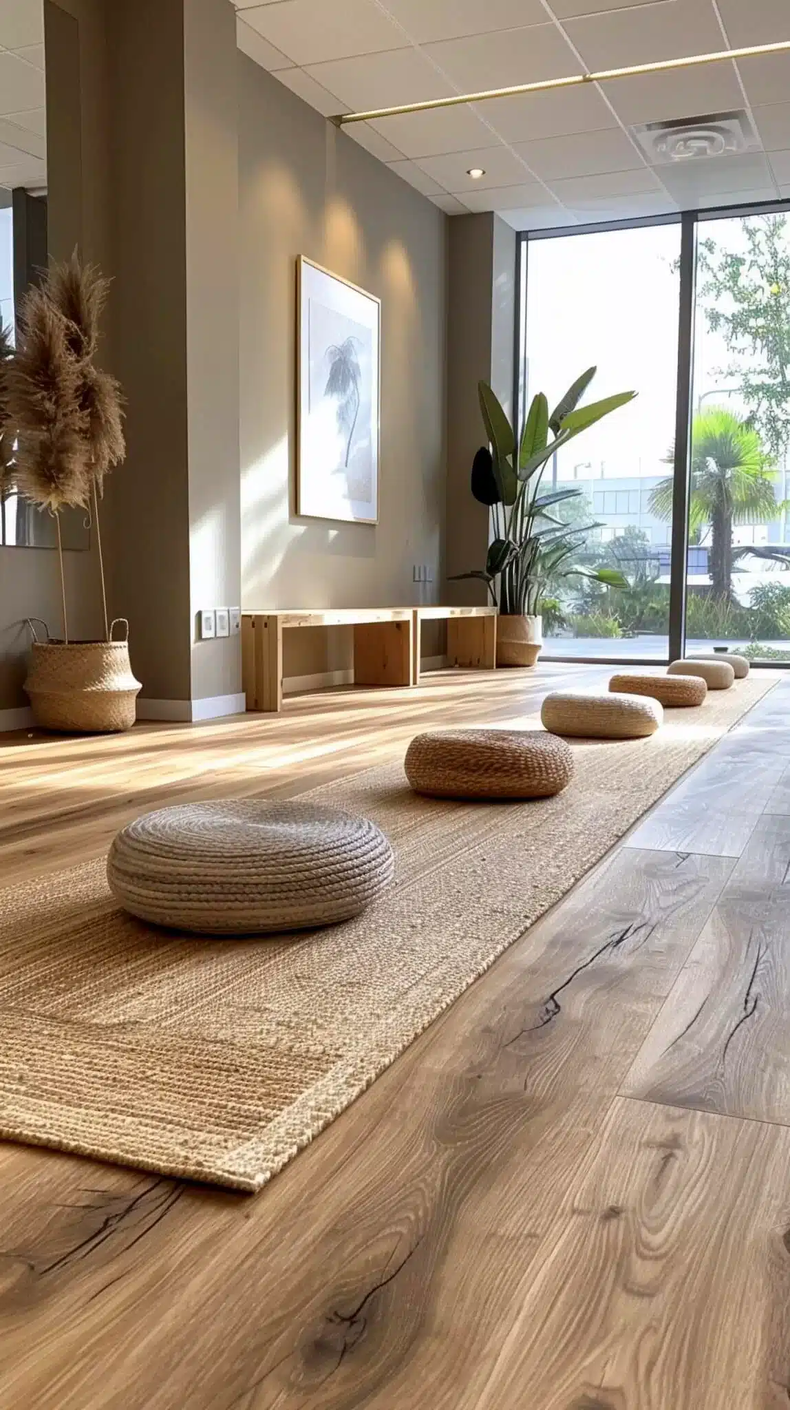 Calm interior with round cushions on a rug, natural light streaming through large windows, and indoor plants.