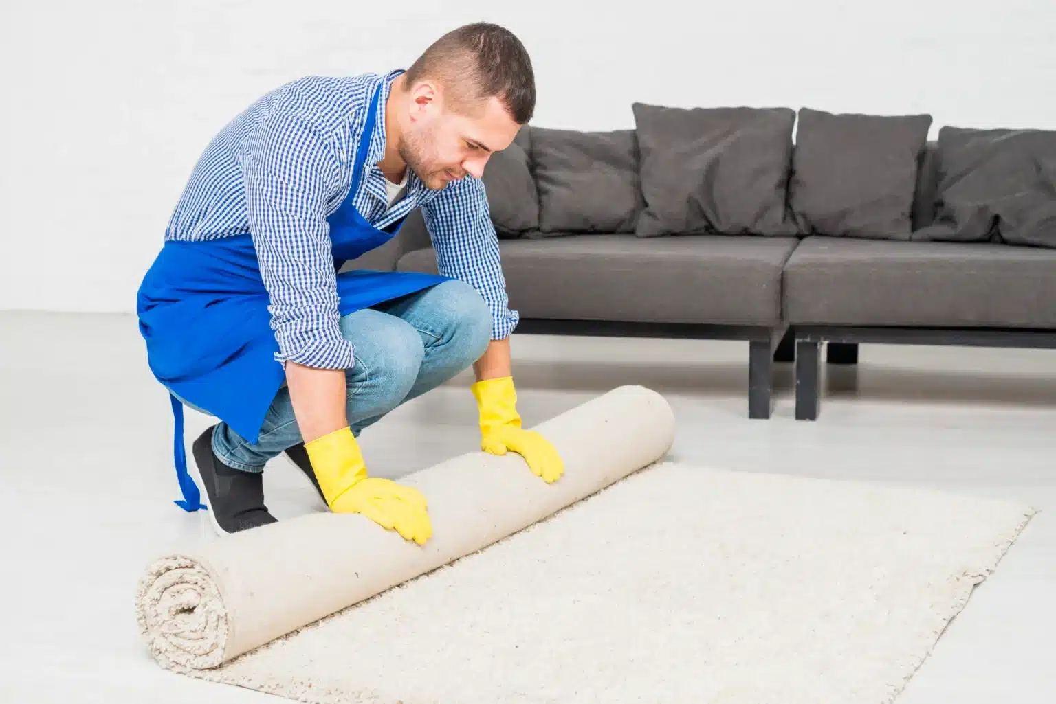Man in yellow gloves and blue apron rolling up a beige carpet in a modern living room with gray sofa.