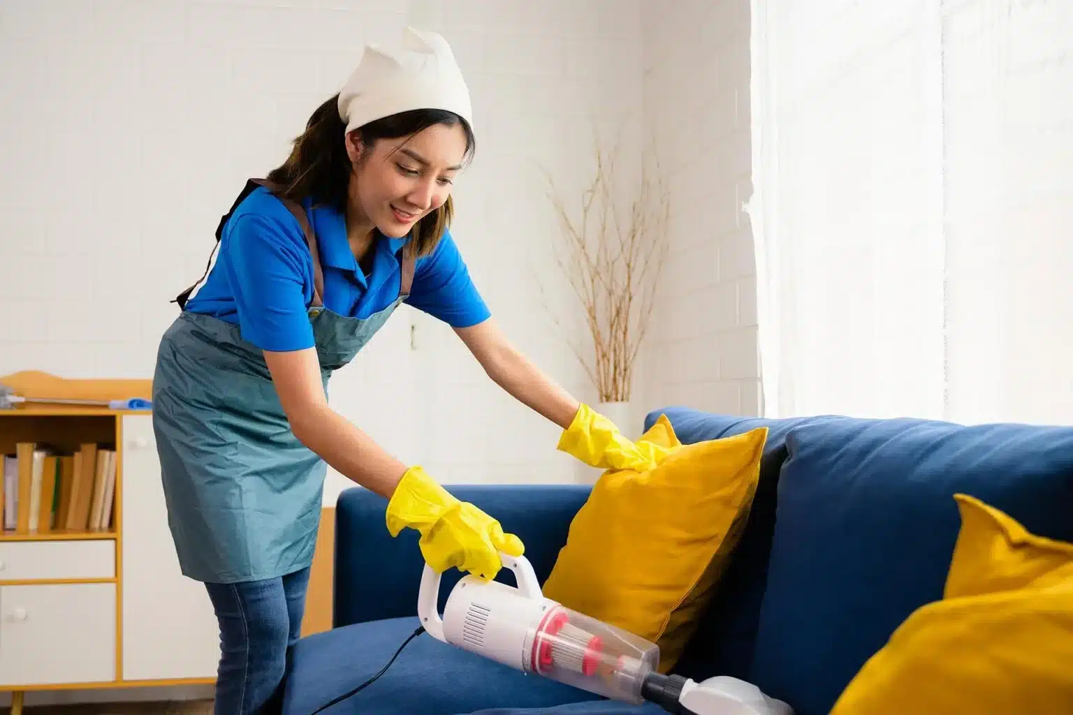 Smiling woman wearing gloves and apron vacuuming a blue sofa with yellow pillows during home cleaning service.