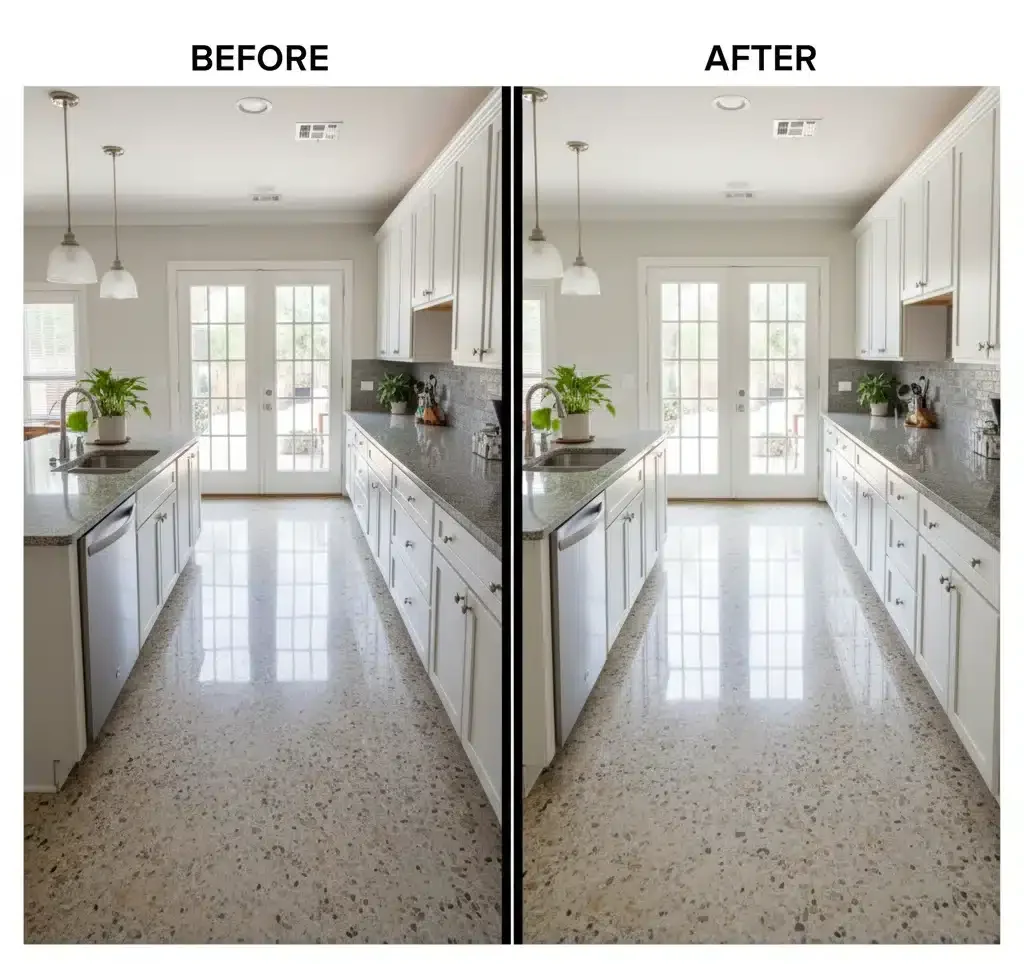 Before and after image of a clean terrazzo kitchen floor showing a subtle enhancement in shine and reflectivity after professional polishing. The text reads: 'The terrazzo in this San Antonio kitchen.'