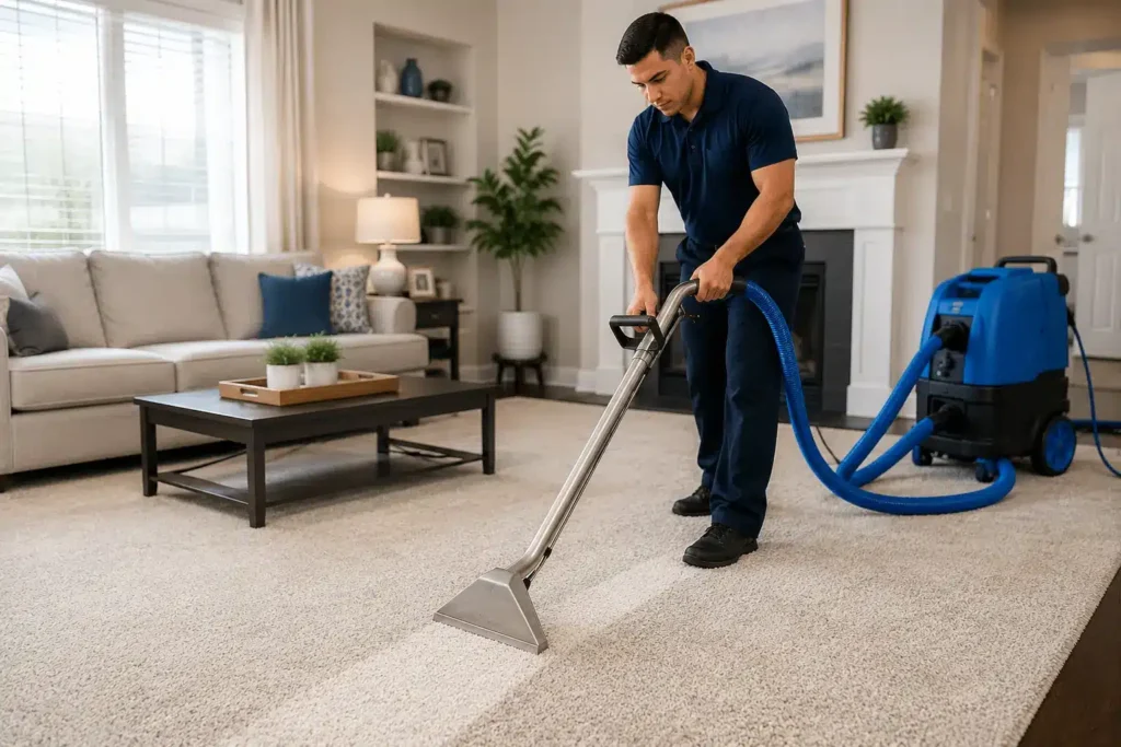 Technician deep cleaning a residential carpet in San Antonio with professional equipment