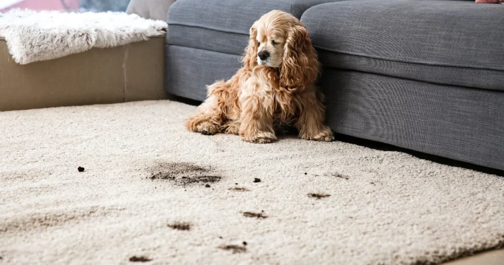 Dog resting on a clean carpet