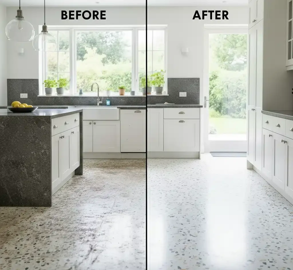 Split image of a kitchen floor before and after restoration