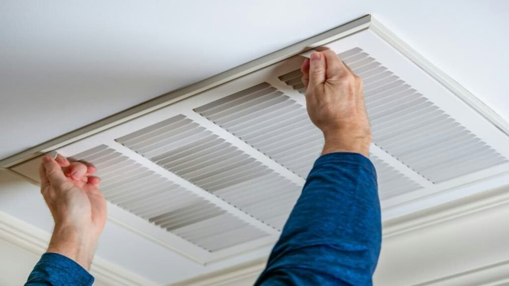 Hands removing a ceiling air vent cover