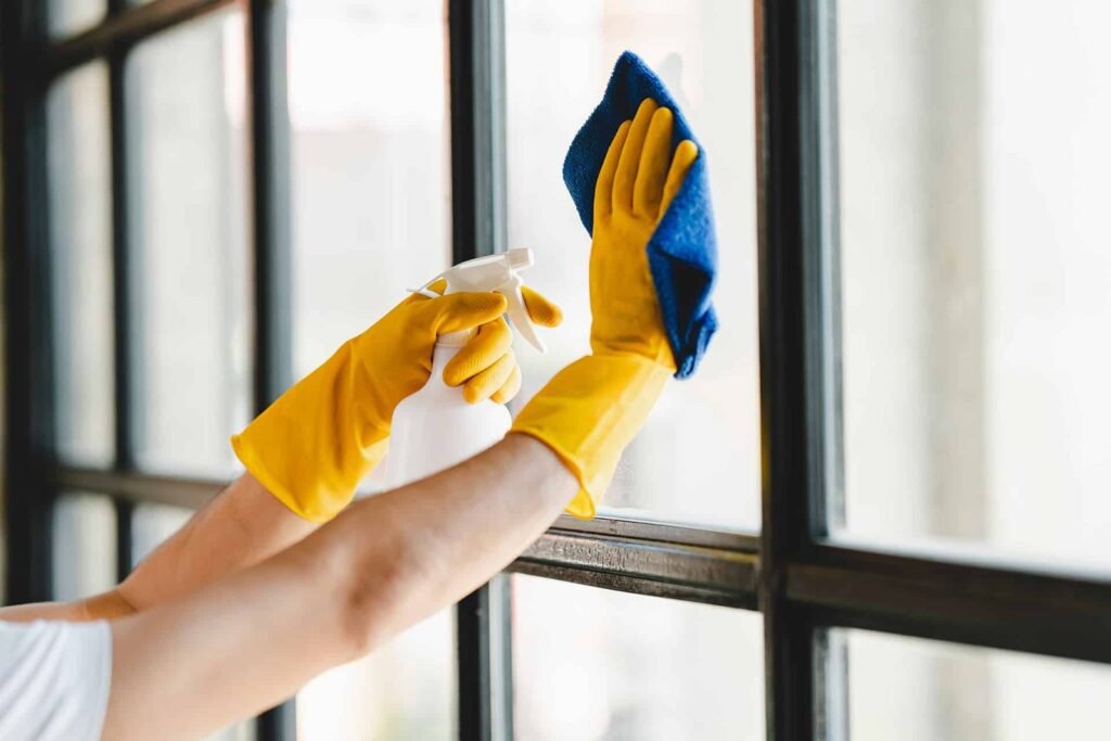 Gloved hands cleaning a window with a spray bottle and blue cloth
