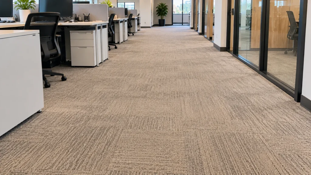 Illustration of the same office carpet after cleaning, with the traffic lane gone