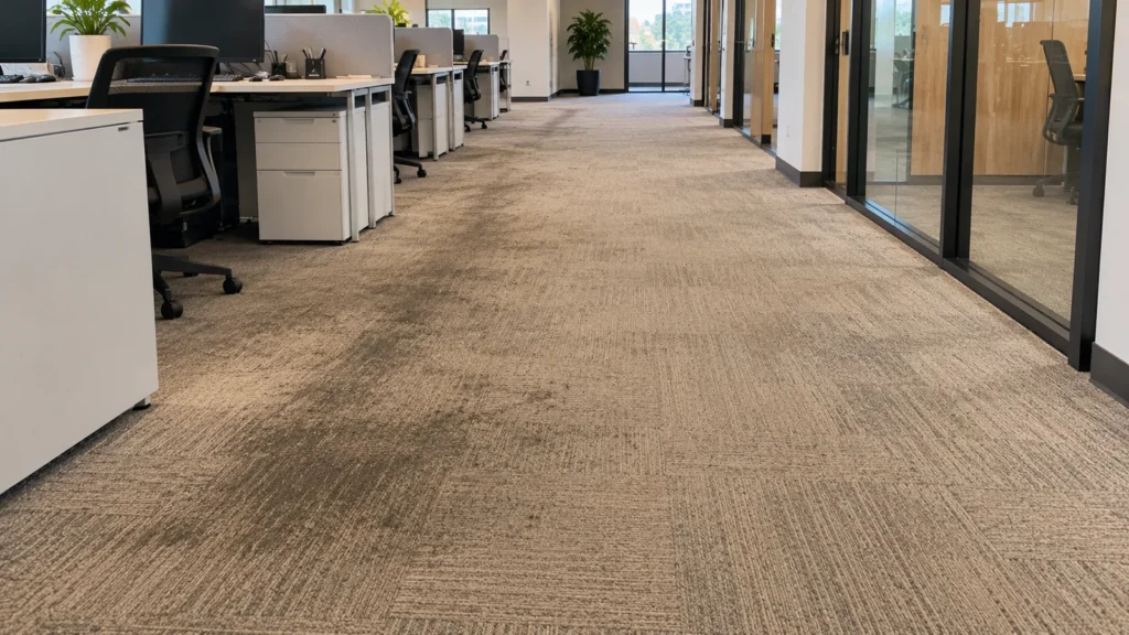 Illustration of office carpet with a dark, worn traffic lane in a corridor between desks
